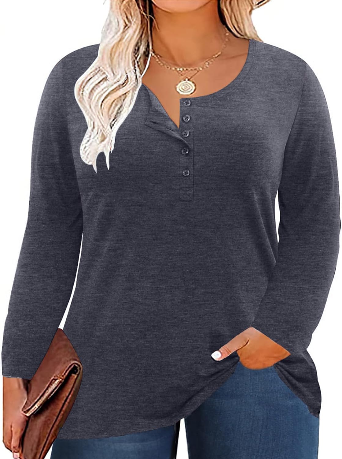 Halife Women's Plus Size Top Henley Neck Shirt Long Sleeve Button Front Round Neck Tee Basic Ladies Loose Fit T Shirt