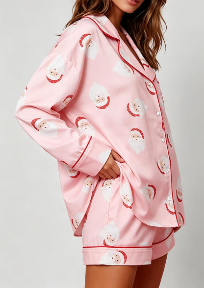 Women Christmas Pajamas Shorts Set Santa Claus Pjs Long Sleeve Button Down Shirt+Pants 2 Piece Xmas Jammies Loungewear