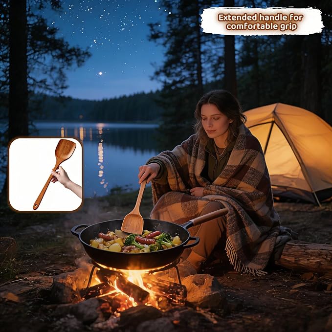 Natural Cork Wood Cooking Spatula, Long Handle Kitchen Turner, 13 Inch Wooden Spatula with Lacquer Technology, Non-Stick Pan Safe, Kitchen Utensil for Cooking, Camping