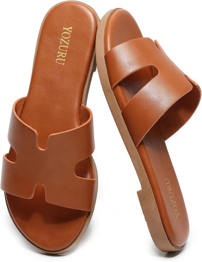 Yozuru Womens Flat Sandals Open Toe Dressy Summer Sandals Comfortable Casual Slip on Leather Slides Sandals for women.