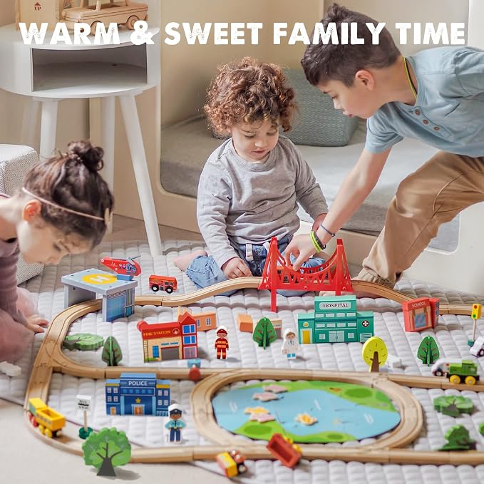 110-piece wooden train set sparks creativity and imagination in young kids, entertaining them for hours.