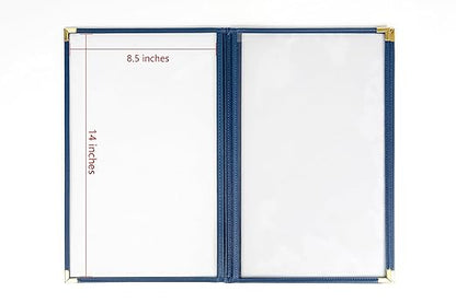 Menu Covers, Triple Page, 3 Pockets, 6 View, for 8.5" x 14" Legal Size Paper, Pack of 6, Blue Edging  Gold Metal Corner, Made with Leatherette  Vinyl