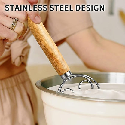 Danish Dough Whisk Stainless Steel Dough Hook Dutch Whisk for Sourdough Bread Dough Mixer Hand Wooden Handle Kitchen Whisking Mixing Tool Bread Making Tools and Supplies