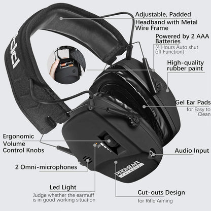 PROHEAR Digital Electronic Shooting Ear Protection Muffs with GEP02 Gel Ear Pads, Hunting 5X Sound Amplification Earmuffs, NRR 23dB Low Profile Hearing Protection for Gun Range - Black