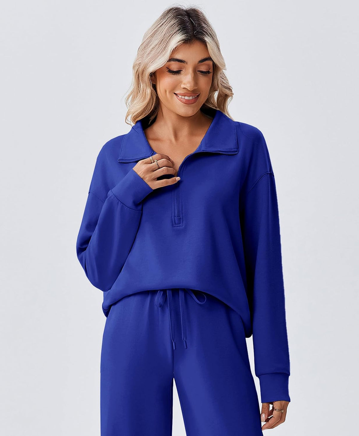 PINSPARK 2 Piece Sets for Women 1/2 Zip Sweatsuit 2026 Matching Outfit Fall | Lightweight Air Layer Fabric, Loose Fit Sweatshirt, Straight Leg Pants with Pockets, Soft Lounge Sets, Airport Outfits Women