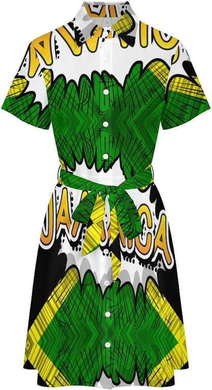 Dresses for Women Jamaican Flag Classic Lace-up Shirt Dress