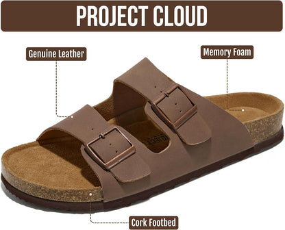 Project Cloud 100% Genuine Leather Mens Sandals - Memory Foam Insole & Cork Footbed Slides for Men Footwear - Non-Slip Summer Sandals for Men & Lightweight Mens Slides (Heritage)
