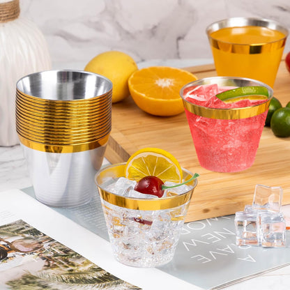 Goodluck 50PCS 9oz Gold Plastic Cups for Party, Disposable Gold Rim Cups, Plastic Cocktail Glasses for Wedding Thanksgiving, Christmas, and Parties