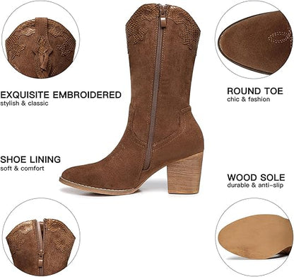 SHIBEVER Cowboy Cowgirl Boots for Women: Western Country High Heel Boots Suede Zipper Mid Calf Booties