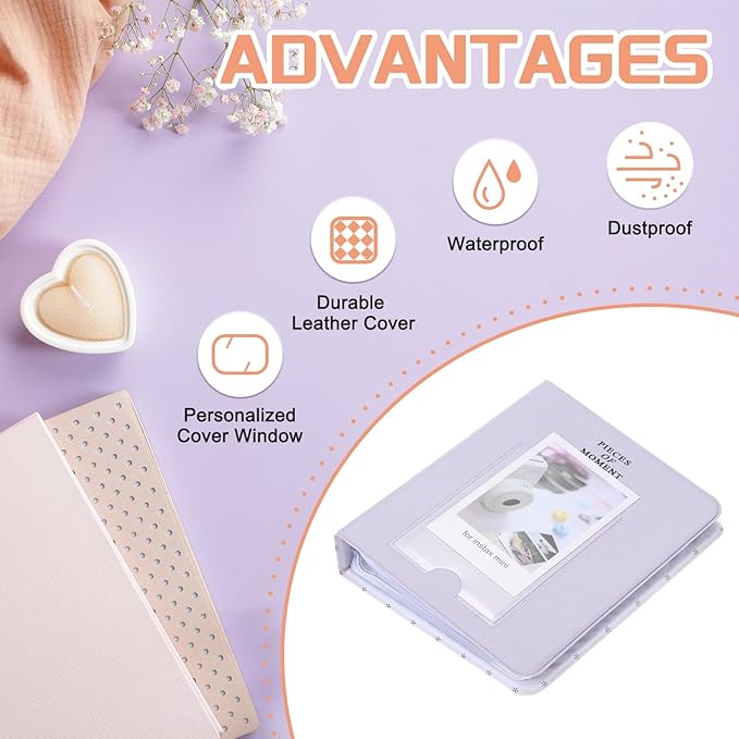 uxcell 64 Pockets Photos Album, Leather Cover 2 x 3 Small Photo Album with Front Window Instant Film Photo Album Book for Instant Camera Film, (Light Purple)