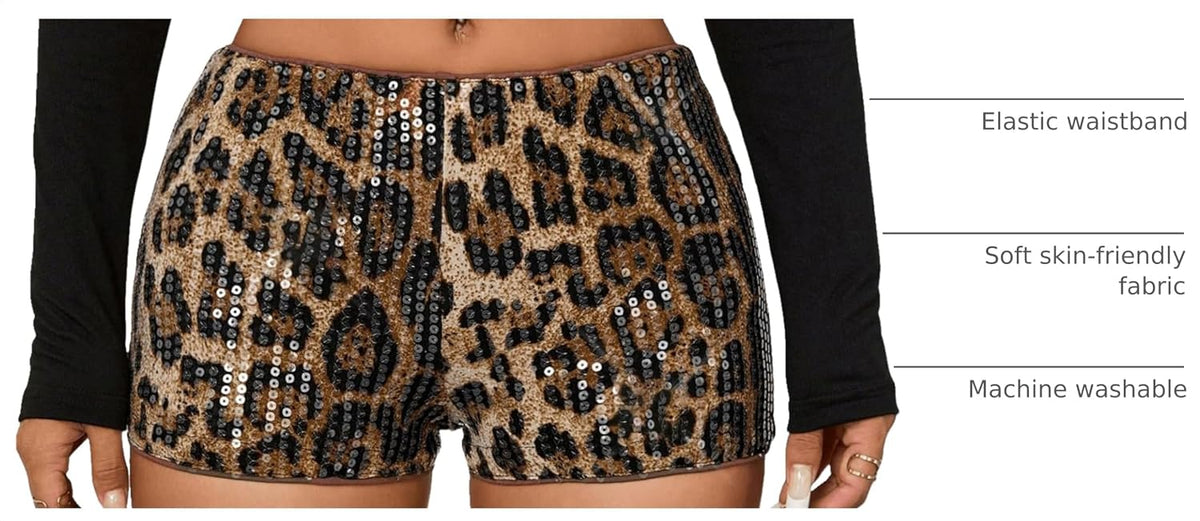 SweatyRocks Women's Rave Night Concert Y2K Leopard Print Sequin Shorts Skinny Sparkly Party Club Mini Shorts.