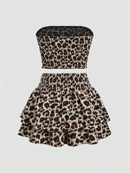 GORGLITTER Women's Sexy Going Out Outfits Cheetah Leopard Print Tube Tops Y2k Animal Western Mini Skirt Set.