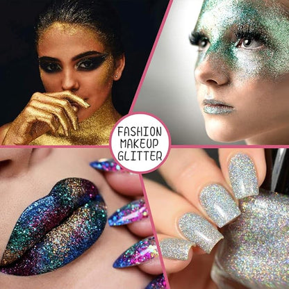 Extra Fine Glitter Powder for Craft, 24 Colors Holographic Cosmetic Laser Glitter for Nail Body Eye Hair Face Lip Gloss, Iridescent Glitter Powder for Tumbler and Makeup (24 Fine)