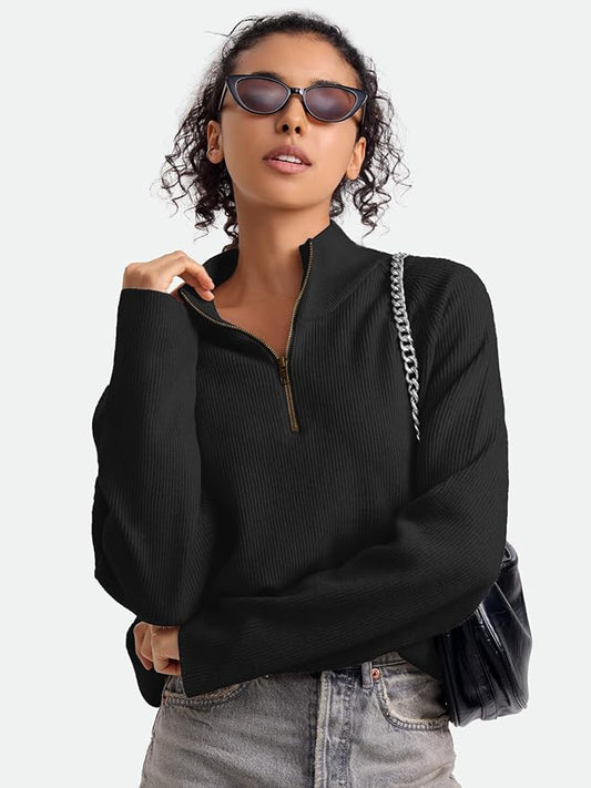 ZANZEA Quarter Zip Pullover Women Long Sleeve Knit Sweater V Neck Fall Tops Fashion Clothes 2024
