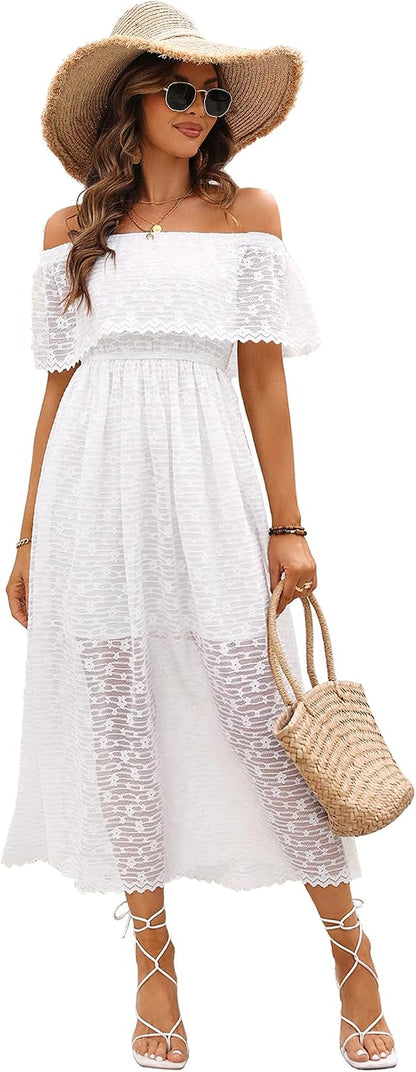 Kirundo Womens Lace Floral Off The Shoulder Ruffle Wedding Guest Maxi Dresses for Party Cocktail