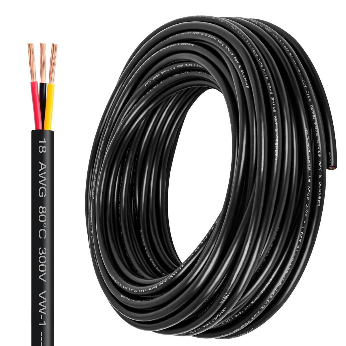 18 Gauge Wire 3 Conductor,18 AWG Electrical Wire Stranded PVC Cord Oxygen-Free Copper Cable,300 FT Tinned Copper Hookup Wire Cord for LED Lamp Lighting Strips Automotive (300FT, 18AWG-3C)