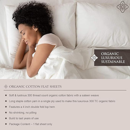 Bioweaves 100 Organic Cotton 1 Flat Sheet Only, 300 Thread Count Soft Sateen Weave GOTS Certified Top Sheet - White, Twin XL