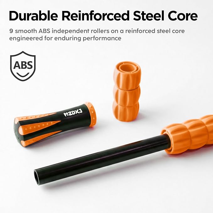 Muscle Roller & Massage Roller Stick for Athletes - Lymphatic Drainage Support, Relieves Muscle Soreness, Cramping & Tightness - Targets Legs, Arms, Back & Calves (Orange Wheel)