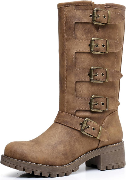 New But Not In Original Box. GLOBALWIN Chunky Mid Calf Fashion Dressy Motocycle Biker Military Style Combat Boots for Women Low Heel