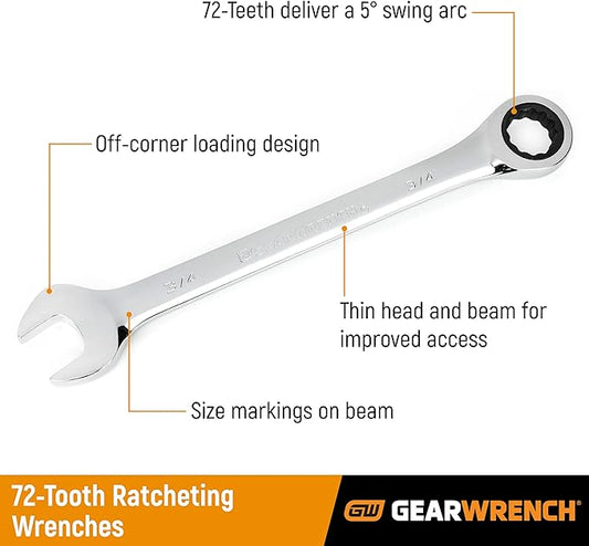 GEARWRENCH 12 Pt. Ratcheting Combination Wrench, 916" - 9018D