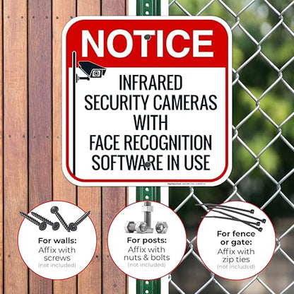 Infrared Security Cameras with Face Recognition Software in Use Sign, 12x12 Inches, Rust Free .040 Aluminum, Fade Resistant, Made in USA