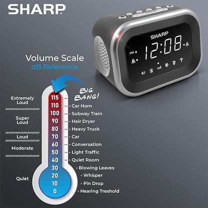 Sharp Big Bang Super Loud Alarm Clock for Heavy Sleepers, 6 Extremely Loud Wake Up Sounds: Rooster, Bugle, Nagging Mom, Jackhammer, Siren, Beep- Up to 115db Volume, Silver/Black with White LED Display
