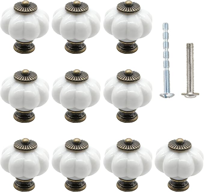Waziaqoc 10PCS White Pumpkin Knobs, Acrylic Cabinet knobs Antique Decorative Knobs Drawer Handle Pulls with Screws for Wardrobe Cupboard Closet Dresser Kitchen Cabinet