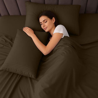 LUX Décor Queen Sheet Set - 4 Piece Ultra-Soft Microfiber Bed Sheets with Flat Sheet, 16 Inches Deep Pocket Fitted Sheet & Pillowcases, Cooling & Breathable, Hotel Luxury, Oeko-TEX - Brown
