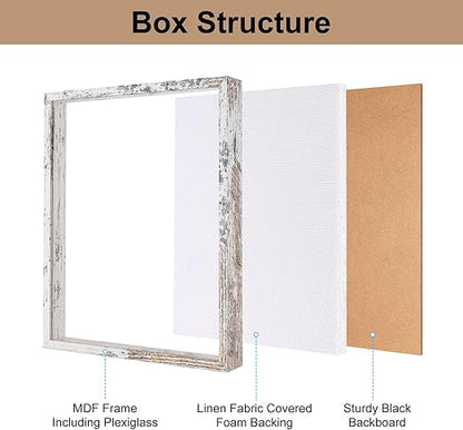 Califortree 12x16 Large Shadow Box Frame with Soft Linen Back - Metal Push Pins Included, Memory Shadow Box Display Case for Bouquet Awards Medals Wedding Photos and More, Rustic White