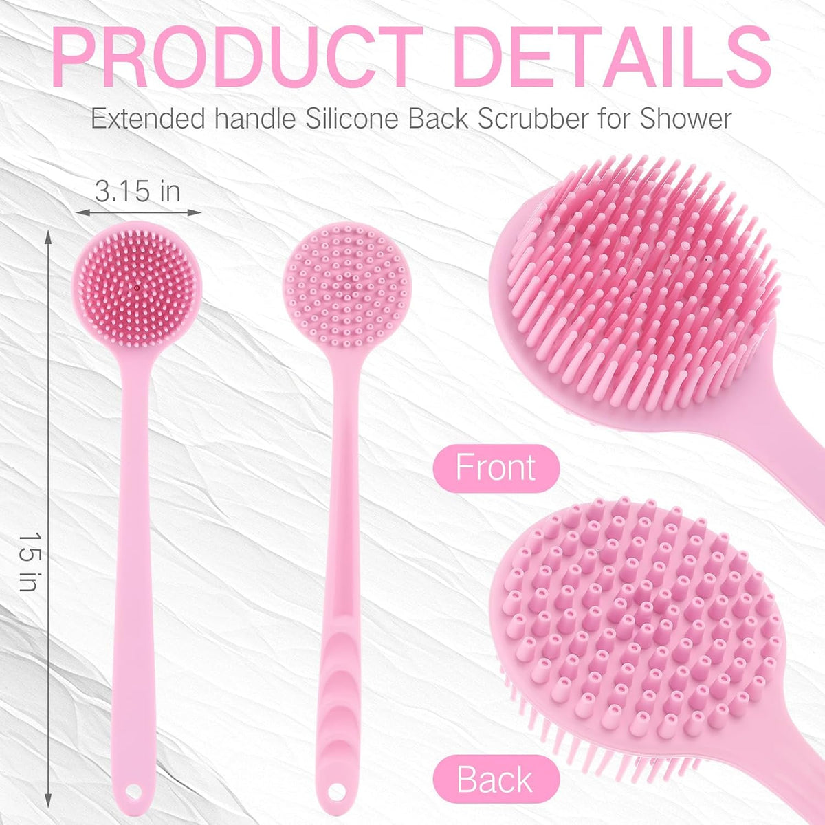 Sunnyray (1 Pack) Silicone Back Scrubber with 15" Long Handle - Double-Sided Bath Body Brush for Exfoliating &Easy to Clean & Quick Dry, Deep Cleaning, Lathers Well for Shower(Pink)