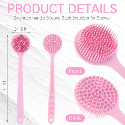Sunnyray (1 Pack) Silicone Back Scrubber with 15" Long Handle - Double-Sided Bath Body Brush for Exfoliating &Easy to Clean & Quick Dry, Deep Cleaning, Lathers Well for Shower(Pink)