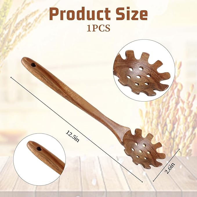 Wooden Pasta Spoon with Teeth 13 Inch Wooden Slotted Spoon Spaghetti Fork for Serving Pasta Long Hand Serving Utensils Wood Spaghetti Server Spoons Spatula Tool