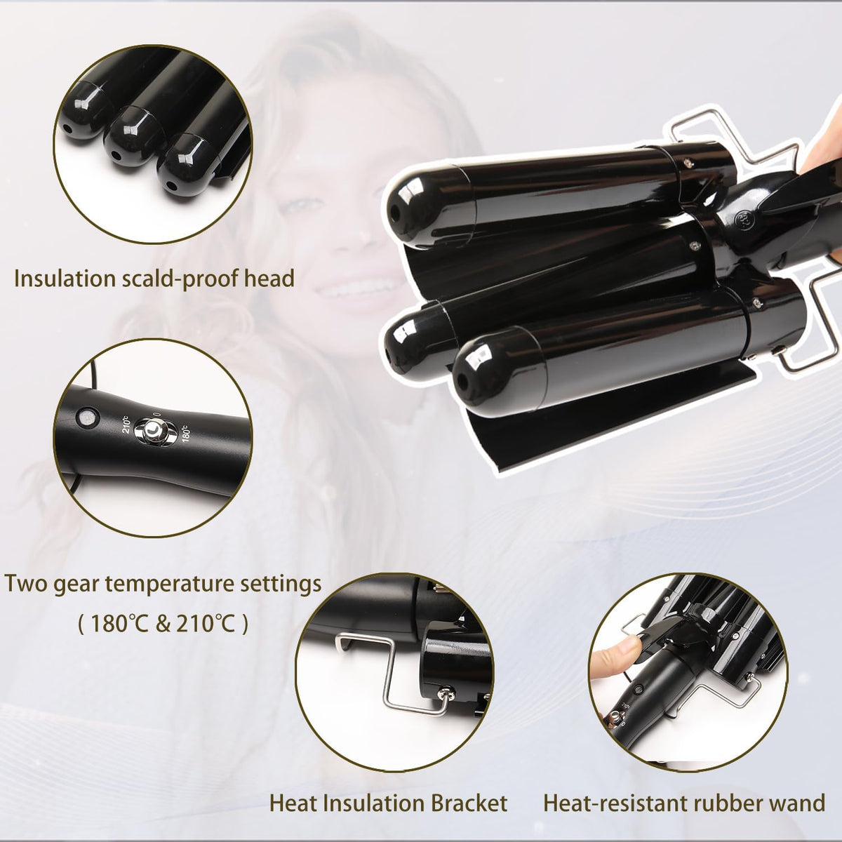 Dopheuor 2024 Newest 3 Barrel Curling Iron Jumbo 1.25 inch (32mm) Hair Curling Wand Crimper Instant Heating Adjustable Hair Curler with 2 Temperature Control, Black (Cosmetic Scratches) ( Product has scratches on it. )