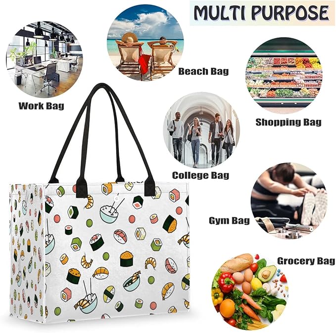 Tote Bag for Women Japanese Food Sushi Large Beach Bag Reusable Grocery Bags Tote Bag for Work Shopping Travel Beach