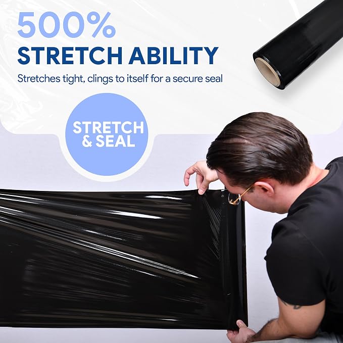 Black 18" Stretch Film/Wrap 1500 feet 7 Layers 80 Gauge Industrial Strength 800% Stretch 20 Microns Durable Adhering Packing Moving Heavy Duty Shrink Film (1 Pack, Black)