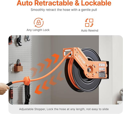 VEVOR Retractable Air Hose Reel, 3/8IN x 50FT Rubber Air Hose Max 300PSI, Air Compressor Hose Reel Auto-Rewind with 5FT Lead in, Ceiling/Wall Mount Heavy Duty Single Arm Reel & 180° Swivel Bracket