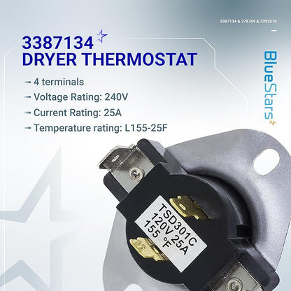 BlueStars 279769 Dryer Thermal Cut-Off Kit, 3387134 Thermostat and 3392519 Thermal Fuse - Compatible with Whirlpool Kenmore Maytag Dryers - Replaces 3977394 3390291 PS345113 AP6008325