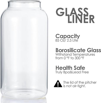 Delove 85oz/2.5 Liter Glass Water Pitcher with Lid and Shatterproof Shell - Iced Tea Pitcher&Carafe - Heat Resistant Glass Jug Water Carafe with Handle for Juice, Cold or Hot Beverages -White