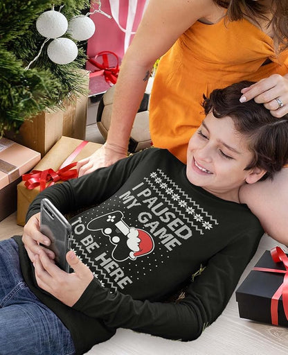Tstars Gaming Boys Ugly Christmas Shirt I Paused My Game to Be Here Xmas Holiday Long Sleeve T-Shirt for Youth Kids