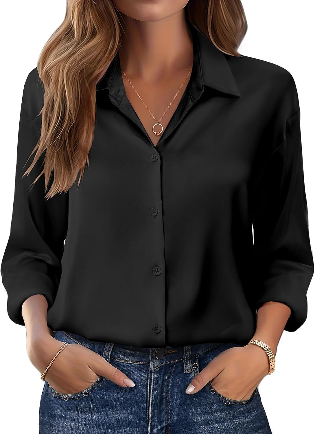 Chigant Women's Satin Long Sleeve Button Down Blouse