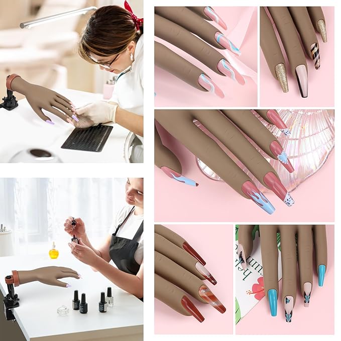 LIONVISON Practice Hand for Acrylic Nails,Flexible Mannequin Hand Model for Nails, Rubber Fake Training Manicure Hands with 240Pcs Ballerina Nail Tips, Brown
