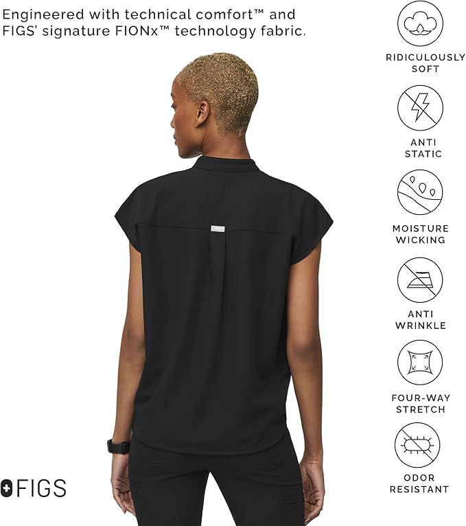 FIGS Rafaela Oversized Scrub Tops for Women — Mandarin Collar, Shirttail Hem, 3 Pockets, 4-Way Stretch