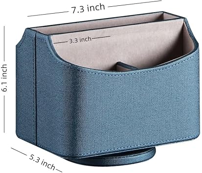 PU Leather Remote Control Holder,360 Degree Spinning Desk TV Remote Caddy,Desk Organizers and Accessories,for Controller,Media,Mail,Calculator,Mobile Phone,Pen Storage Holder(Blue Cloth)
