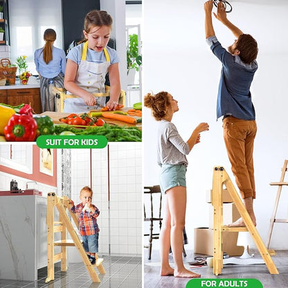 Toddler Tower Foldable - Kids Kitchen Step Stool with 3 Adjustable Heights  Safety Rail, Montessori Tower with Chalkboard for Learning, Standing Tower Helper Stool for Kitchen Counter Sink (Natural)