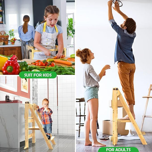 Toddler Tower Foldable - Kids Kitchen Step Stool with 3 Adjustable Heights  Safety Rail, Montessori Tower with Chalkboard for Learning, Standing Tower Helper Stool for Kitchen Counter Sink (Natural)