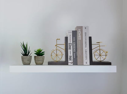 Spiretro Bicycle Bookend Supports, Decorative Book Stoppers with Non-Skid Bottom, Handcrafted Distressed Wood  Metal Book Stand, Display for Bookshelf Office Desktop, 1-Pair, Golden  Brown