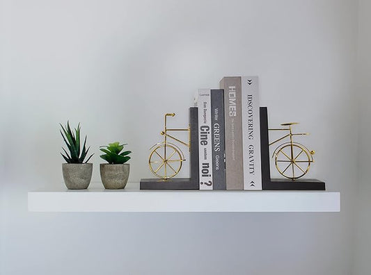 Spiretro Bicycle Bookend Supports, Decorative Book Stoppers with Non-Skid Bottom, Handcrafted Distressed Wood  Metal Book Stand, Display for Bookshelf Office Desktop, 1-Pair, Golden  Brown