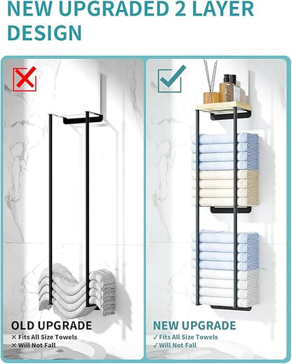 Towel Racks for Bathroom, 2 Tier Wall Towel Holder with Wood Shelf, Metal Wall Mounted Towel Rack Bathroom Organizers and Storage, Black