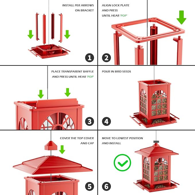 Birdream Bird Feeders for Outdoor Hanging, Assembly Required, 1-Min Easy Setup, Classic Courtyard Design, Attracting Cardinals Chickadees Goldfinches & Sparrows - Red
