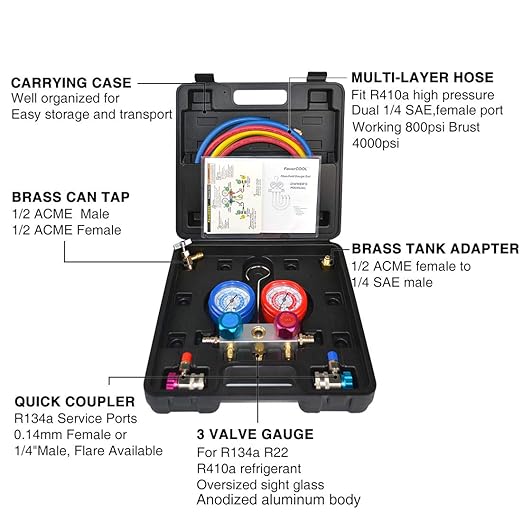 FAVORCOOL CT-136G 3-Way AC Diagnostic Manifold Gauge Set with Case for Freon Charging, fits R410A, R134A, R22 Refrigerants, Aluminum Body, Sight Glass